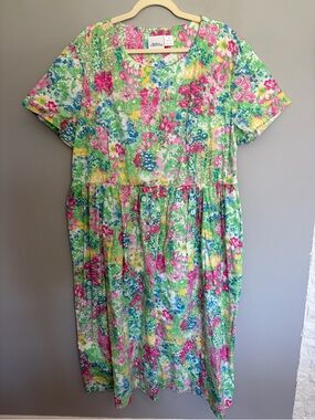 The Vermont Country Store Midi Dress Women's 2X Short Sleeve Floral Cottagecore
